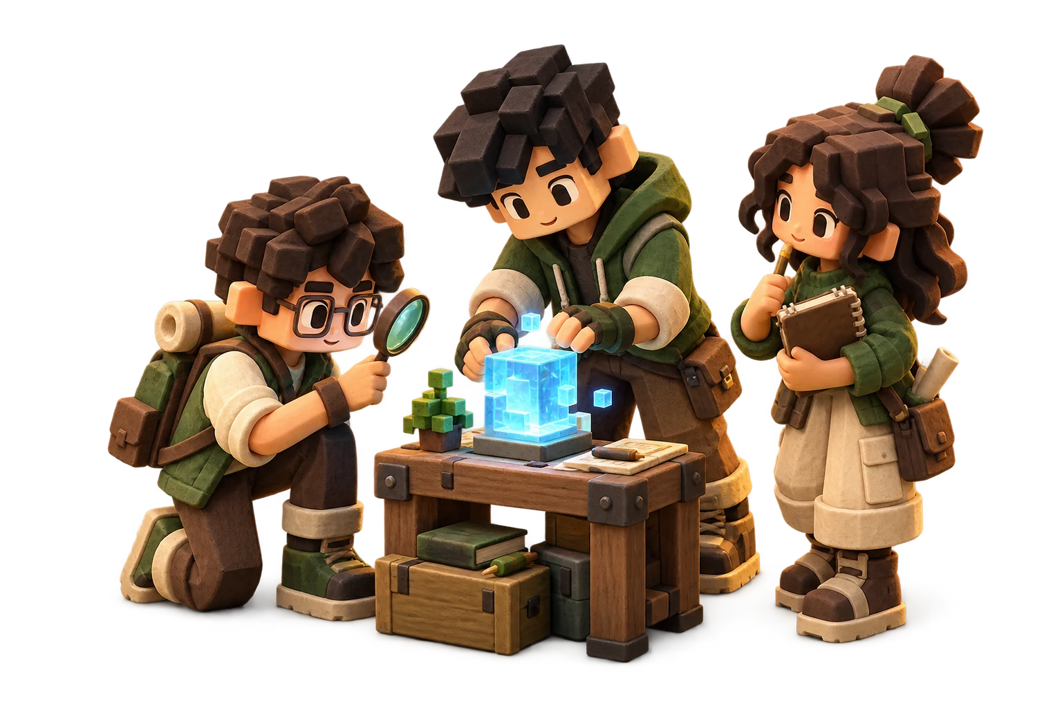 Three block-built figurines examining a glowing cube