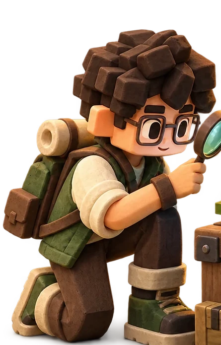 A block-built figurine wearing glasses, ready to run